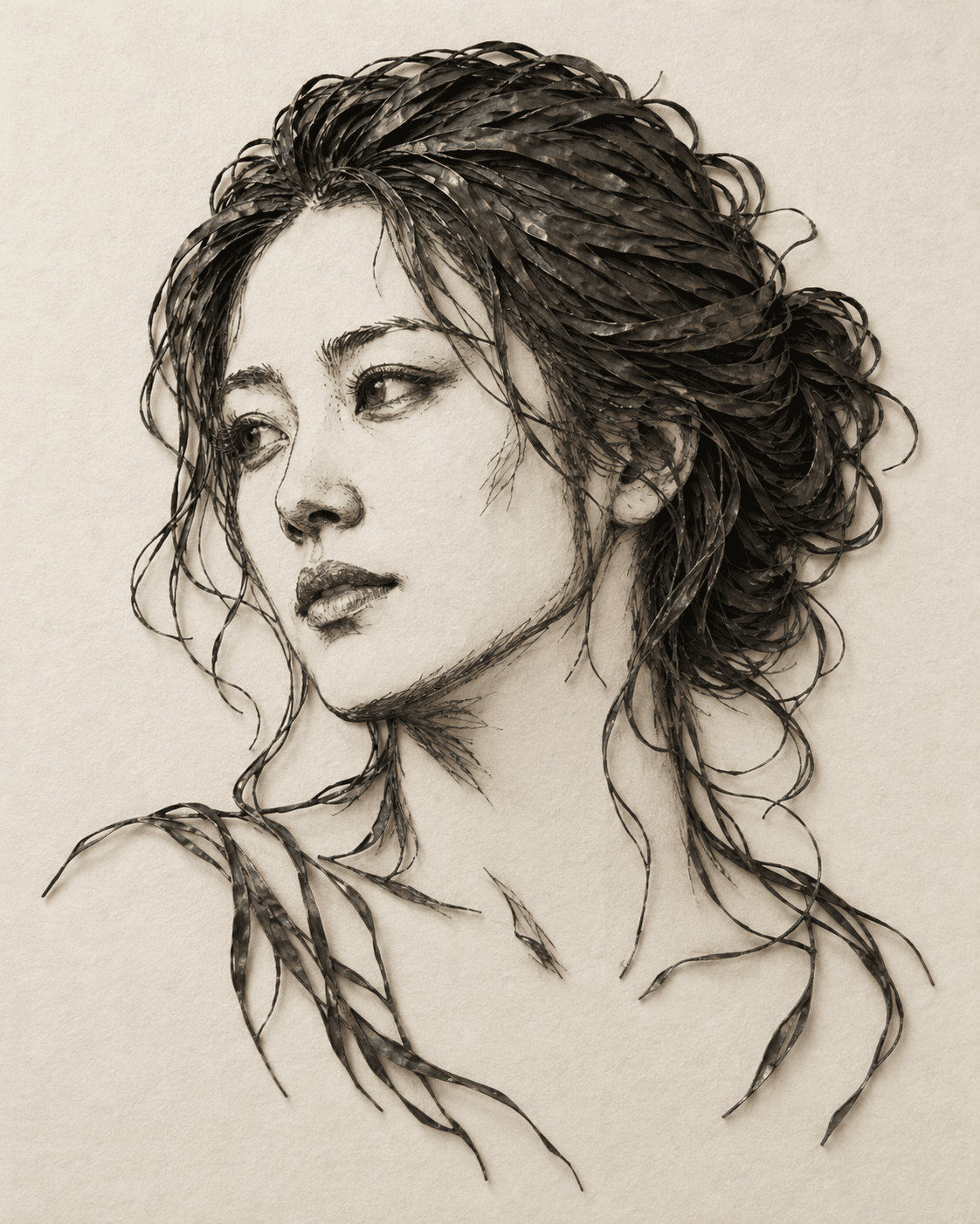 Metal portrait concept with expressive facial features and forged hair contours