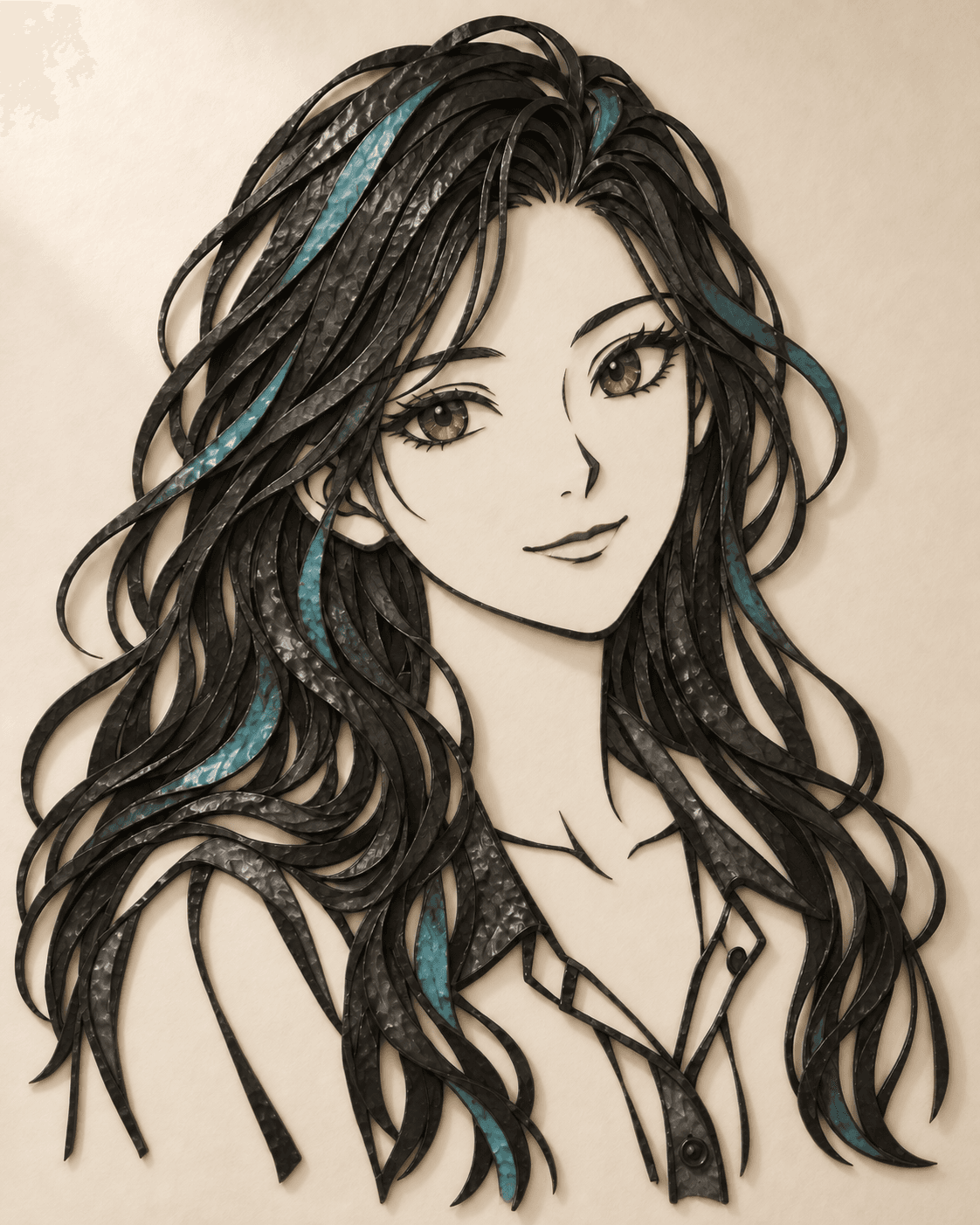 Anime metal portrait with expressive features and open forged contours